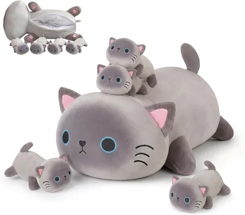 Vista 10 de SQEQE Peluche de gato negro con 4 bebés, gato en la barriga, lindo gato negro de peluche para niños, regalos ideales para Navidad, San Valentín