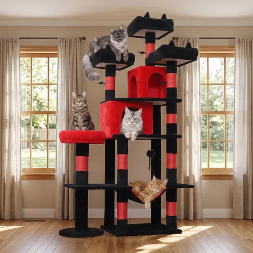 Vista 12 de PMT03BW - Árbol para gatos de interior, torre grande de 71 pulgadas con poste rascador y percha superior, hamaca, condominio para gatos adultos