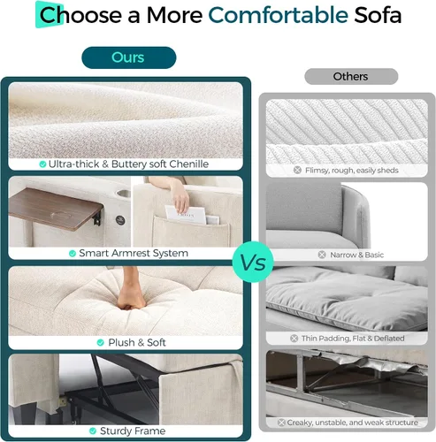 Vista 8 de LINSY HOME Modular Sectional Sofa Bed, Chenille Pull Out Couch 2 Seat Beige
