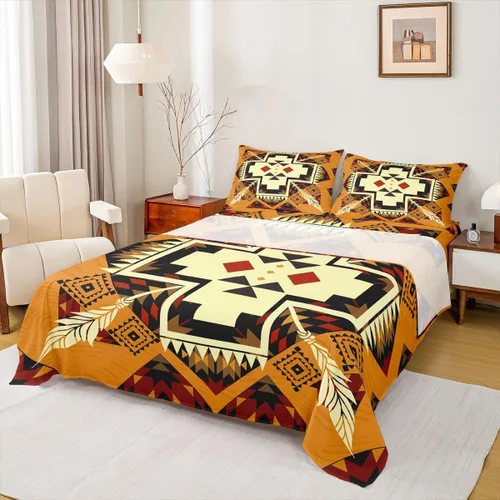Vista 32 de Juego de sábanas occidentales tamaño individual, sábana bajera azteca, estilo nórdico exótico, bohemio, diseño de tribu india, geometría étnica
