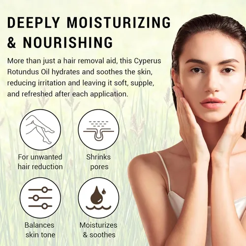 Vista 2 de Aceite Cyperus Rotundus para depilación: reduce el crecimiento no deseado del cabello, ralentiza el nuevo crecimiento, hidrata la piel y reduce