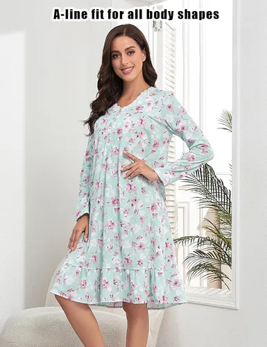 Vista 6 de MZROCR Camisones de manga larga para mujer, de algodón suave, con cuello en V, vestido de noche de encaje para mujer