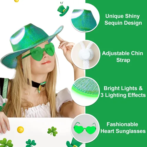 Vista 4 de quescu Sombrero de vaquero iluminado para mujeres, hombres, sombrero de vaquera LED, sombreros de vaquero espaciales brillantes para fiestas