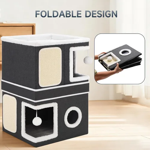 Vista 7 de Casa de Gato de 2 Pisos para Gatos de Interior, Separable en 2 Grandes Camas de Gato Cueva con Condominios Escondidos, Almohadillas para Rascar