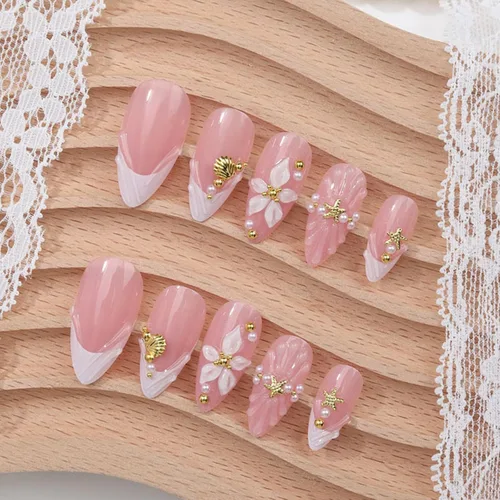 Vista 5 de Uñas postizas a presión con punta francesa, uñas postizas medianas con flores 3D, concha de perla, diseño de estrellas de mar, uñas blancas a