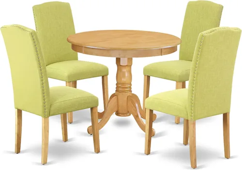 Vista 17 de East West Furniture ANEN3-LWH-06 - Juego de mesa de cocina de 3 piezas contiene una mesa de comedor redonda con pedestal y 2 sillas de comedor