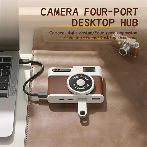 Vista 3 de Hub USB C, concentrador USB de 4 puertos con 2 puertos USB-A 2.0 y 2 puertos USB-C, adaptador USB compacto estilo cámara vintage para laptop