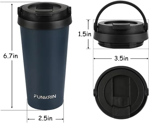 Vista 7 de Funkrin Taza de café aislada con revestimiento de cerámica, taza de café helado de 16 onzas con tapa abatible y asa, taza de viaje a prueba de fugas