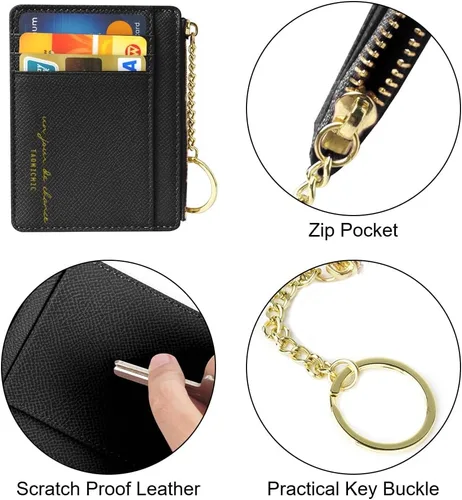 Vista 101 de URAQT Cartera para tarjetas de crédito, cartera minimalista de cuero delgado con cremallera, mini protector de tarjeta de crédito, llavero bolsillo