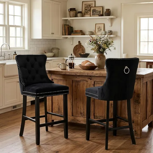 Vista 122 de SoarFlash Juego de 2 taburetes de bar tapizados de terciopelo moderno con patas de madera, botones acolchados, cabeza de clavo cromada, asiento