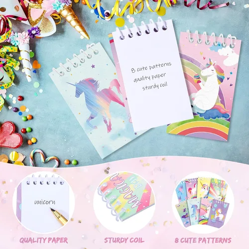 Vista 3 de 24 cuadernos de unicornio, recuerdos de unicornio, mini diario en espiral, bolsas de regalo, suministros para fiesta de cumpleaños en el aula