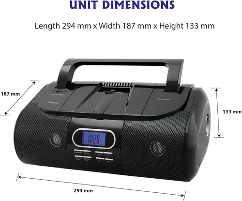 Vista 5 de HANNLOMAX Boombox portátil HX-318CD CD/MP3/USB, radio FM PLL, Bluetooth, 1 puerto USB para reproducción de MP3, 1 puerto USB para carga de 1A, Negro