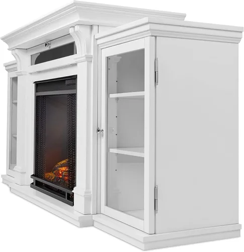 Vista 2 de Chimenea eléctrica Centro de entretenimiento blanco por Classic Traditional Glass Fabricados Madera Estantes ajustables Control remoto