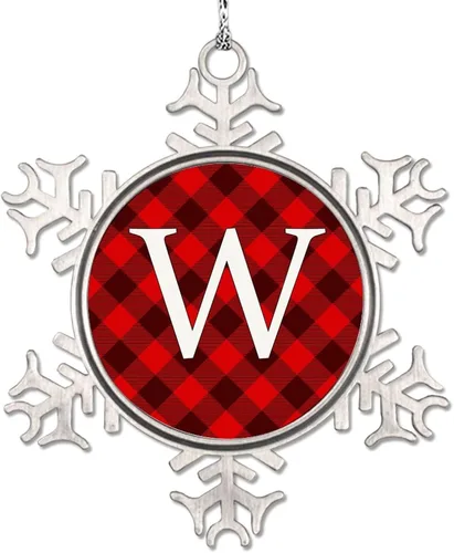 Vista 29 de Adorno de copo de nieve de letra A con inicial de copo de nieve, adorno de monograma a cuadros rojos para decoración de árbol de Navidad, adornos