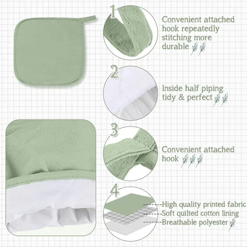 Vista 3 de Rtteri Juego de 5 manoplas de horno verdes para ollas y toallas de cocina, 1 guante de horno de cocina y 2 paños de cocina, 2 agarraderas verdes