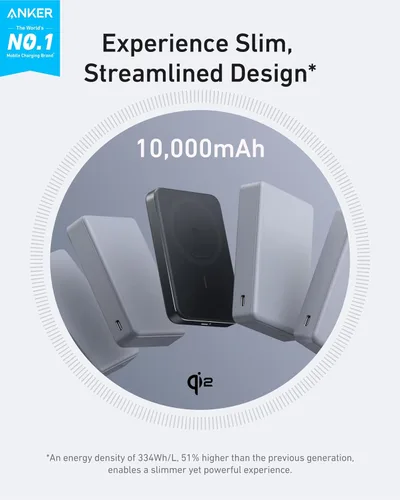 Vista 2 de Anker MagGo Power Bank, batería magnética ultradelgada de 10,000 mAh, con certificación Qi2 de 15 W, cargador portátil ultra rápido compatible