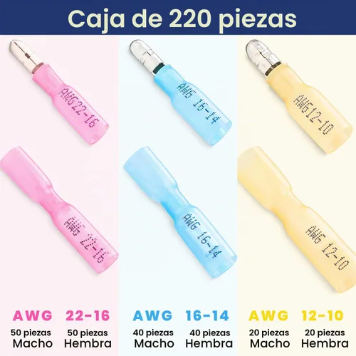 Vista 2 de haisstronica 220 piezas de conectores de bala termorretráctiles AWG22-10 macho y hembra terminales de bala de alambre azul, rojo y amarillo, kit
