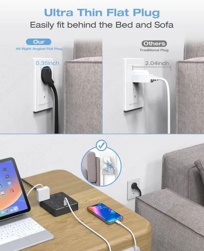 Vista 6 de Regleta de Enchufe Plano, AOFO Cable de Extensión de 5 Pies con 12 Tomacorrientes y 6 Puertos USB (4 USB-A, 2 USB-C), Protector contra