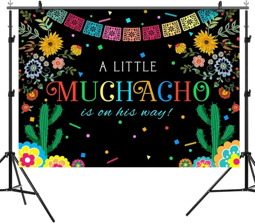 Vista 2 de Fondo de fiesta para baby shower para niño mexicano A Little Muchacho is On His Way Fondo de fotografía Cactus Cinco Mayo decoraciones de fiesta