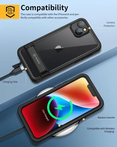 Vista 6 de Lanhiem Funda para iPhone 14 con soporte, IP68 impermeable a prueba de polvo con protector de pantalla integrado, cuerpo completo, a prueba