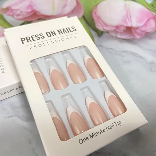 Vista 4 de Uñas postizas largas a presión de almendra, uñas postizas Aurora con punta francesa, 24 unidades, naturales, brillantes, cobertura completa
