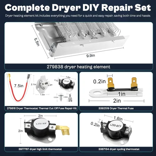 Vista 8 de Elemento calefactor compatible con secadora Roper Whirlpool RED4516FW0-279838 W10724237 2406028 Elemento calefactor compatible con secadora Roper