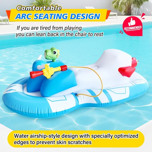 Vista 7 de Flotadores de piscina con forma de moto acuática para niños pequeños con pistola de agua y pistola de burbujas, barco inflable para niños de 6 a 12