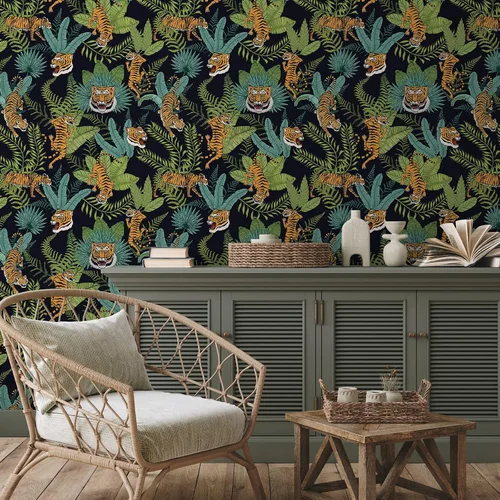 Vista 2 de CHIHUT Papel tapiz de tigre tropical de selva para despegar y pegar, papel tapiz de animales de safari, papel de contacto con hojas de palmera verde