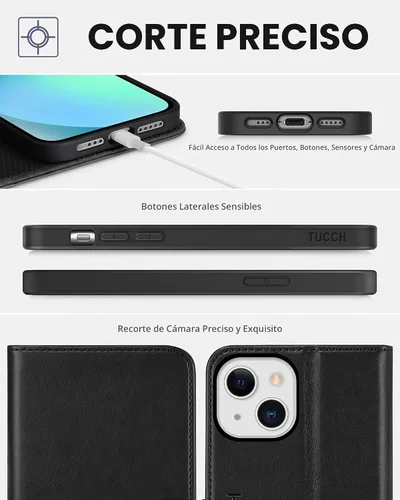 Vista 7 de TUCCH Funda tipo cartera para iPhone 13 5G, de piel sintética, con 3 ranuras para tarjetas, diseño de libro con soporte, funda interior de TPU a