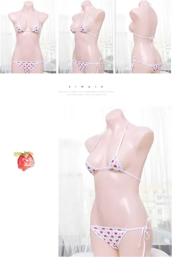Vista 2 de Conjunto de lencería para mujer, mini bikini de fresa, con cordones, juego de rol, bikini de cuerda en T