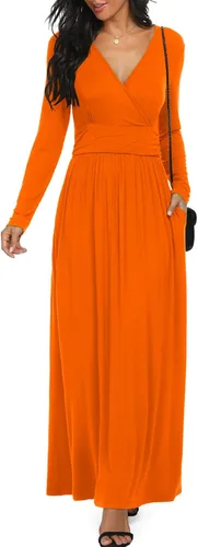 Vista 6 de LILBETTER - Vestido largo de manga larga, cuello en V profundo, holgado, liso y casual para mujer Verde militar