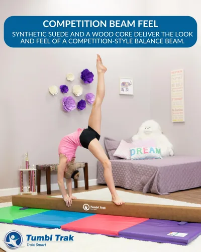 Vista 3 de Tumbl Trak Haz de equilibrio de gamuza de entrenamiento de gimnasia de 8 pies, haz alto y bajo para el hogar, base antideslizante, sensación