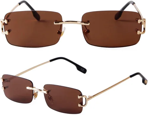 Vista 25 de Rimless Sunglasses for Men Women Small Narrow Rectangle Sunglasses 2 piezas: azul degradado+marrón degradado