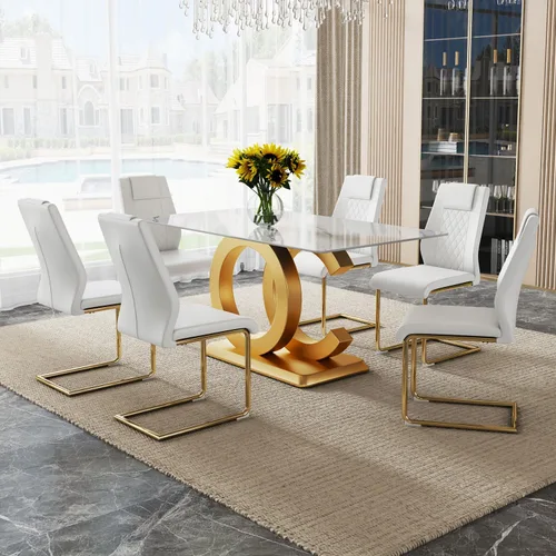 Vista 19 de Ebullient Juego de Mesa de Comedor Moderno para 4, Juego de 5 Piezas de Mesa de Comedor y Sillas para 4, Tablero de Mesa de Mármol PDLB y Base