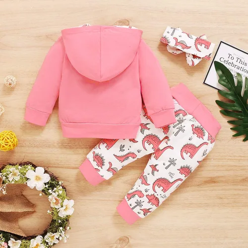 Vista 3 de Conjunto de ropa para bebé niña de 3 piezas, manga larga, sudadera con capucha, camisa, pantalones de dinosaurio, diadema