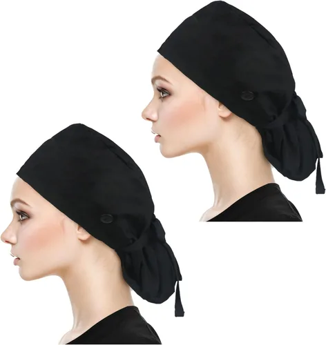 Vista 25 de QBA Gorra de trabajo ajustable con botón, gorro forrado de satén, gorro de trabajo de algodón, banda elástica para atar en la espalda, unisex