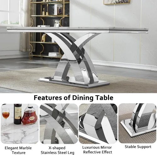 Vista 5 de Juego de mesa de comedor de mármol sintético blanco plateado de 68 pulgadas para 4, juego de mesa rectangular de 5 piezas con patas de acero Mesa