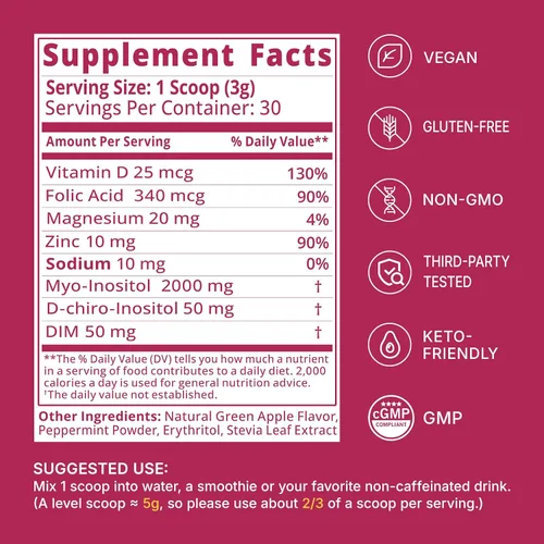 Vista 4 de Myo & D-Chiro - Polvo de inositol en polvo 40:1 para equilibrio hormonal de las mujeres y apoyo ovárico, con folato, DIM, zinc, glicinato