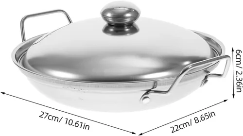 Vista 2 de UPKOCH Olla de cocina de acero inoxidable chino Shabu Shabu olla caliente doble mango salsa antiadherente con tapa pequeña stock, 9 pulgadas
