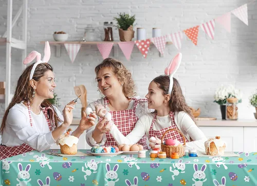 Vista 7 de Mantel de plástico de 54 x 108 pulgadas, paquete de 2 manteles rectangulares desechables para decoración de mesa de Pascua