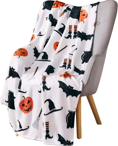 Vista 17 de Manta de forro polar de Halloween, murciélagos negros sobre fondo naranja, 50 x 70 pulgadas Ultra-soft cozy flannel fleece, for sofa couch bed