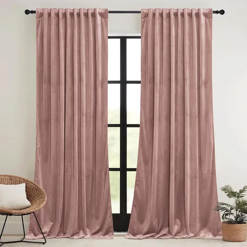 Vista 34 de RYB HOME Cortinas elegantes de terciopelo verde de 63 pulgadas de largo, bloqueo de luz, aislamiento térmico, elegantes cortinas de terciopelo