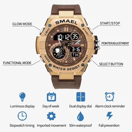 Vista 5 de Reloj de hombre para hombre, reloj deportivo de cuarzo, resistente al agua, relojes digitales militares, doble hora y cronómetro, reloj despertador