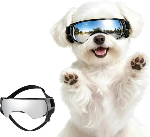 Vista 8 de ENJOYING Lentes de sol para perros de razas pequeñas, antirayos UV para perros pequeños, resistentes al viento, protección ocular de perro
