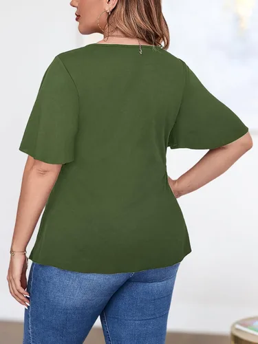 Vista 4 de Camiseta de talla grande para mujer, con hombros descubiertos, manga corta, cuello redondo, casual, de verano, con nudo torcido, talla XL - 4XL