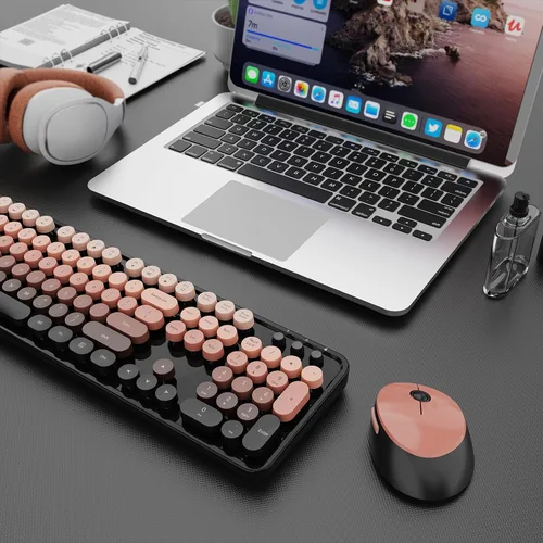 Vista 9 de SkyGive - Combo de teclado y mouse inalámbricos, teclado ergonómico de tamaño completo con diseño retro tipo máquina de escribir, con teclas