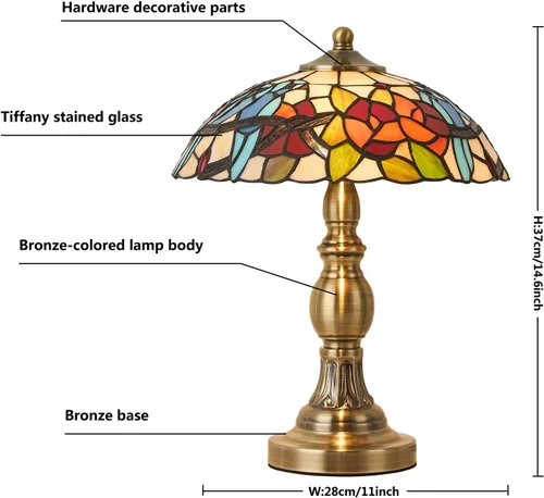 Vista 5 de Lámpara de mesa estilo Tiffany, lámpara de mesa de vidrio manchado, lámpara de decoración antigua artesanal para mesita de noche, dormitorio, sala