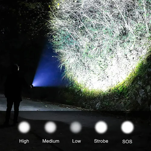 Vista 6 de Linterna de mano recargable LED linterna táctica con 5 modos impermeable para camping, senderismo, ciclismo al aire libre, defensa personal