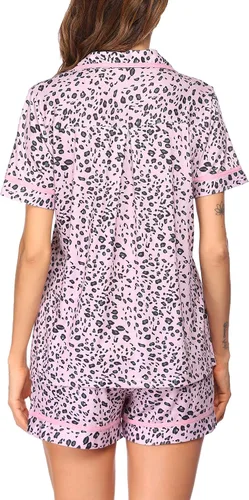 Vista 4 de Ekouaer- Pijama suave a rayas para mujer, diseño de camisa de manga corta con botones y pantalones cortos (tallas S a XXL)