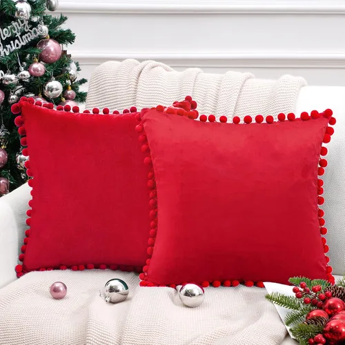 Vista 16 de Top Finel juego de 2 fundas decorativas con pompones para almohada euro, de terciopelo suave, lisas, para sofá, dormitorio o automóvil, 26 x 26 Rosa